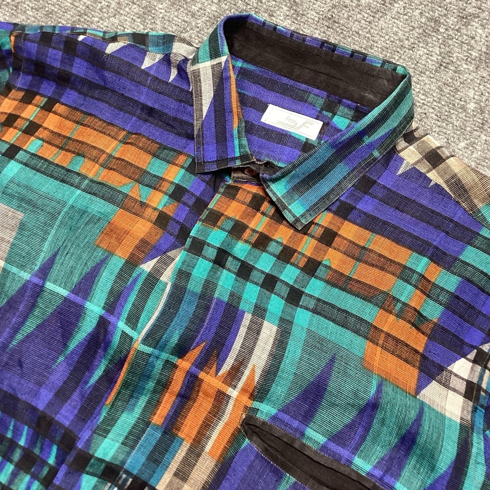 Vintage Fray Italy Mens L Linen Camp Shirt Short Sleeve Geometric Multi Pattern